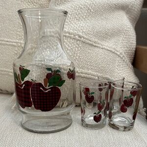 Anchor Hocking Glass Carafe and Tumbler Set with Red Apple Design